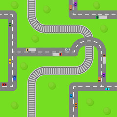 Fototapeta premium Seamless pattern top view of roads. Crossroads and junctions with cars in countryside.