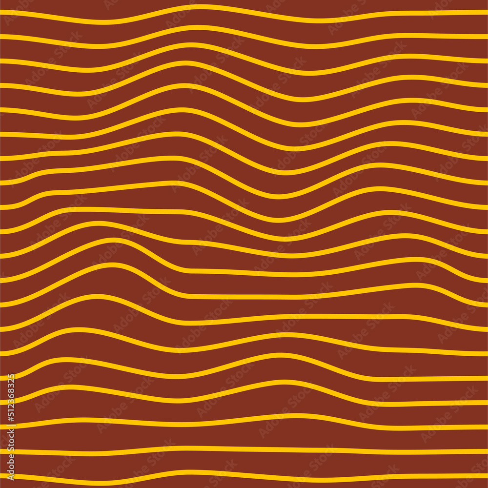Poster Minimalistic linear seamless pattern with yellow wavy distorted thin horizontal lines on a brown background. Vector abstract geometric background