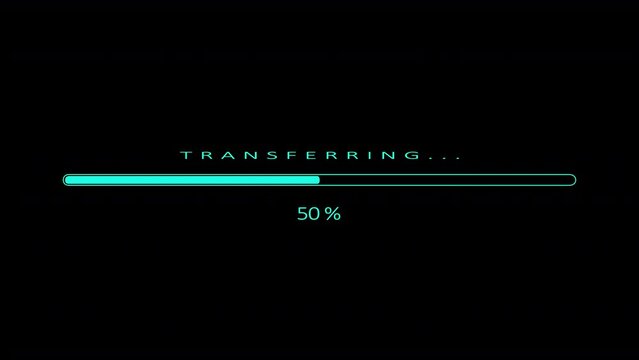 Transferring progress bar. Status bar loading process indicator from 0 to 100 increasing percentage, on black background.