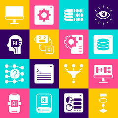 Set Algorithm, Server, Data, Binary code, Artificial intelligence robot, Humanoid, Computer monitor and Neural network icon. Vector