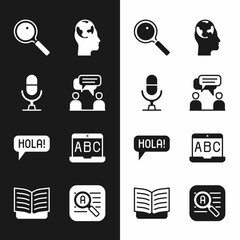 Set Two sitting men talking, Microphone voice device, Magnifying glass, Learning foreign languages, Hola different, Foreign online study, Translator and Open book icon. Vector © vector_v