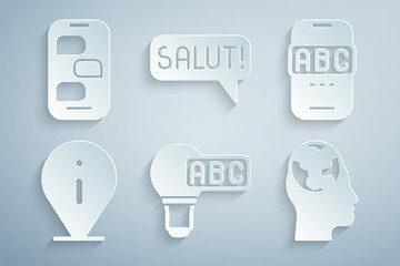 Set Creative lamp light idea, Foreign language online study, Information, Learning foreign languages, Salut different and New chat messages notification icon. Vector