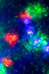 Abstract creative background with blurred bokeh, colorful bright color backdrop, dark blue futuristic wallpaper, round bokeh in shape of a circle. Night neon lights.