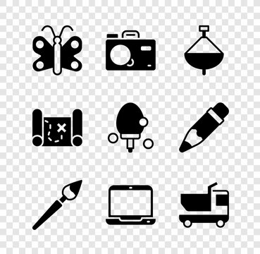Set Butterfly, Photo camera, Whirligig toy, Paint brush, Laptop, Toy truck, Pirate treasure map and Racket icon. Vector