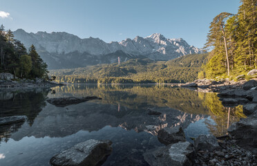 The Eibsee lake and the Zugspitze Mountain in Garmisch-Partenkirchen, Germany