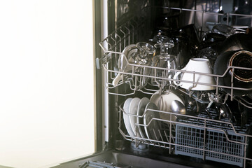 dishwasher with dishes, house cleaning 