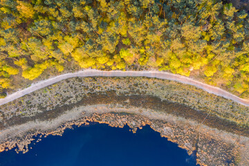Aerial drone view landcape, blue and yellow, sunset view with water sand and trees