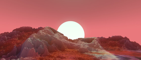 3D illustration - Landscape of another planet with reddish mountains at sunset - 512369345