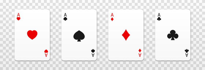 Vector playing cards png. Playing cards on an isolated transparent background. Four aces png, red, black cards. Gambling. Poker.