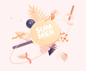 Color 3D geometric shapes with tropical leafs. Realistic summer design. Abstract vector composition.