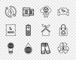 Set line Light bulb with world globe, Battery recycle, Acid rain and radioactive cloud, Earth planet water drop, Recycle clean aqua, charge level indicator, and Shopping bag icon. Vector