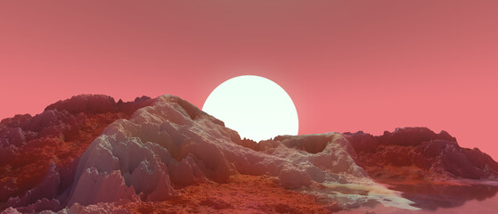 3D illustration - Landscape of another planet with reddish mountains at sunset - 512370504