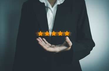 Businesswoman rate satisfaction 5 stars, Excellent quality assurance, certification the best service, guarantee standard company service. ISO certification, satisfaction of customer