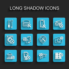 Set line Bank building service, Blender, Screwdriver and wrench, Security camera, Database server, Power bank, Photo and Location icon. Vector