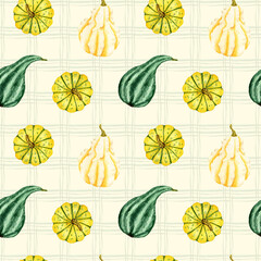 Orange and green pumpkin on a cell background. Watercolor seamless pattern with pumpkins. Autumn design for Thanksgiving and Halloween. Design for menus, covers and packaging. Organic vegetable food.