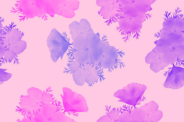 Seamless floral pattern in multi-colored painted transparent flowers on a purple background.