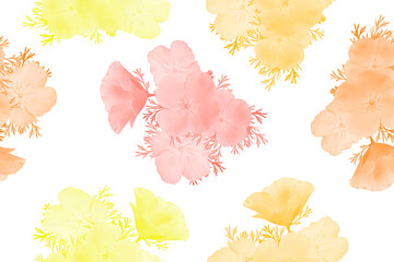 Seamless floral pattern in multi-colored painted transparent flowers on a white background.