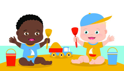 Little baby boys are sitting on the sand and playing with beach toys. African boy and Caucasian boy. Multicultural kids as friends . Frienship. Sea, Summer. Cartoon illustration.