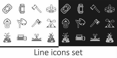 Set line Campfire, Tourist tent with flag, Wooden axe, Slingshot, Canteen water bottle, Rafting boat, and Thermos container icon. Vector
