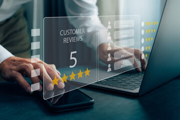 Customer review satisfaction feedback survey concept, User give rating 5 star to service experience on online application
