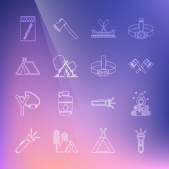 Set line Flashlight, Campfire, Crossed wooden axe, Rafting boat, Tourist tent with flag, Open matchbox and matches and Head flashlight icon. Vector