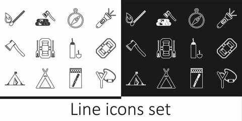 Set line Slingshot, Rafting boat, Compass, Wooden axe, Burning match with fire, Thermos container and and wood icon. Vector
