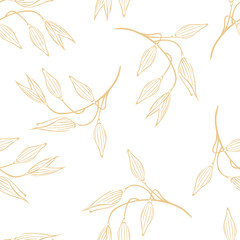 Fototapeta na wymiar Botanical background with ears of oats on white. Vector seamless pattern with agricultural plant outline.