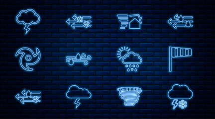 Set line Cloud with snow and lightning, Cone windsock wind vane, Tornado swirl, Wind rain, Storm, snow, sun and icon. Vector - obrazy, fototapety, plakaty