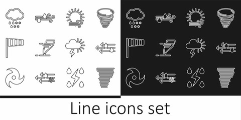 Set line Tornado, Wind and rain, sun, Cone windsock wind vane, Cloud with snow, Storm and icon. Vector