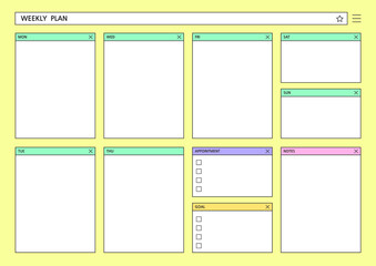 Note, scheduler, diary, calendar planner document template illustration. Weekly plan.