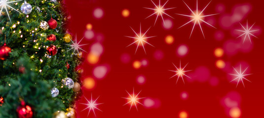 Christmas Tree In Bokeh and blur Background. Ornament And Abstract Defocused Lights. Concept Christmas Day, happy, highlights, holiday, light, merry, new year, night, season 2023. Copy space on right