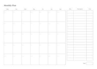 Note, scheduler, diary, calendar planner document template illustration. Monthly plan.