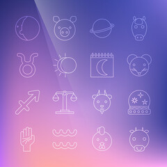 Set line Ox zodiac, Magic ball, Rat, Planet Saturn, Eclipse of the sun, Taurus, and Moon phases calendar icon. Vector