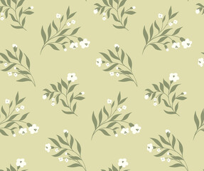 Seamless pattern with decorative flowers branches in natural colors. Rustic floral print, romantic botanical background with delicate hand drawn plants, small flowers, leaves on the branches. Vector.