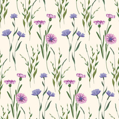 Seamless pattern with wild flowers on a white field. Romantic floral print, rustic botanical background with hand drawn plants, cornflower, other wild flowers, leaves, herbs. Vector.