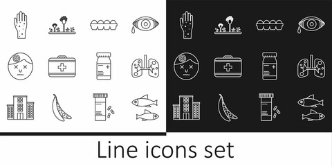 Set line Fish, Lungs, Chicken egg in box, First aid kit, Man having headache, Hand with psoriasis or eczema, Medicine bottle pills and Mold icon. Vector