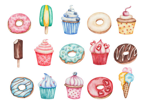 Watercolor illustration of hand painted donuts with chocolate, hearts, icing, sprinkles, cupcakes, ice creams. Sweet dessert food for cafes, restaurants. Isolated clip art for packaging, textile print