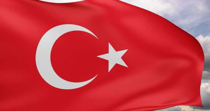 The flag of Turkey flutters in the wind against a cloudy sky. 3D rendering 4K.