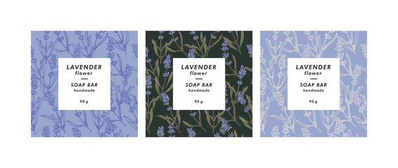Vector set seamless patterns for cosmetics with template design labels. Backgrounds with lavender flowers for handmade soap.