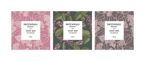 Vector set seamless patterns for cosmetics with template design labels. Backgrounds with patchouli flowers for handmade soap. - obrazy, fototapety, plakaty