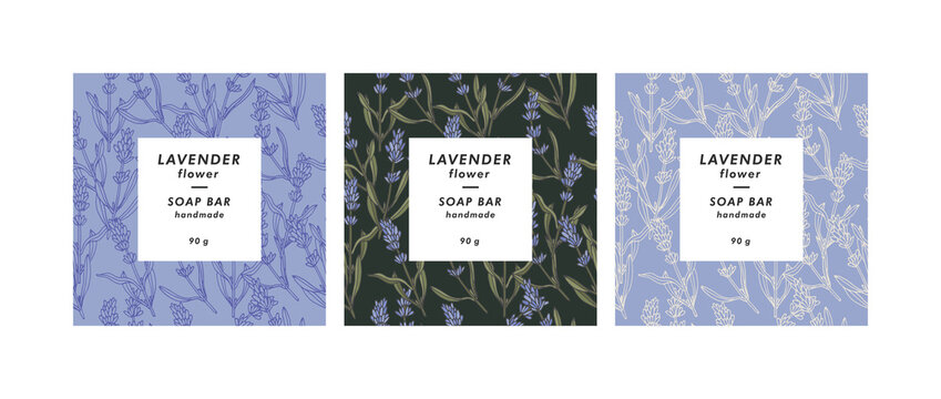 Vector set seamless patterns for cosmetics with template design labels. Backgrounds with lavender flowers for handmade soap.