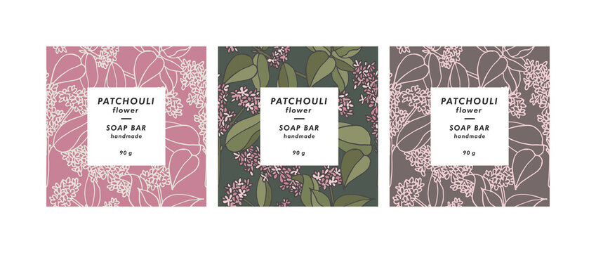 Vector set seamless patterns for cosmetics with template design labels. Backgrounds with patchouli flowers for handmade soap.