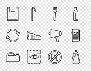 Set line Canister for machine oil, Bottle dishwashing liquid, Disposable plastic fork, Stop ocean pollution, Plastic bag, Ecology infographic, Say no bags poster and icon. Vector
