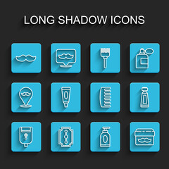 Set line Electric razor blade for men, Blade, Mustache, Cream lotion cosmetic tube, jar, and Hairbrush icon. Vector