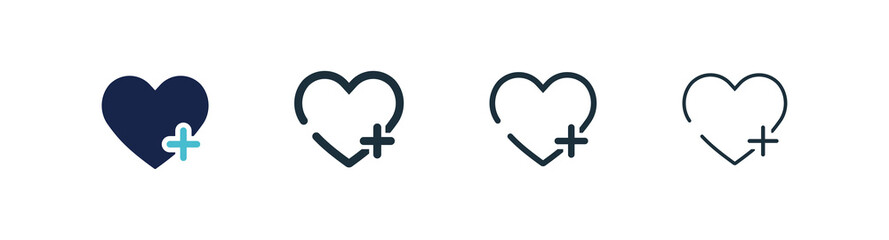 Obraz premium Heart plus vector icon. Black and blue hearts symbol. Simple pharmacy outline icons. Set of health icons.