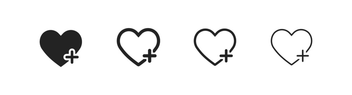 Heart plus vector icon. Black hearts symbol. Simple pharmacy outline icons. Set of health icons.