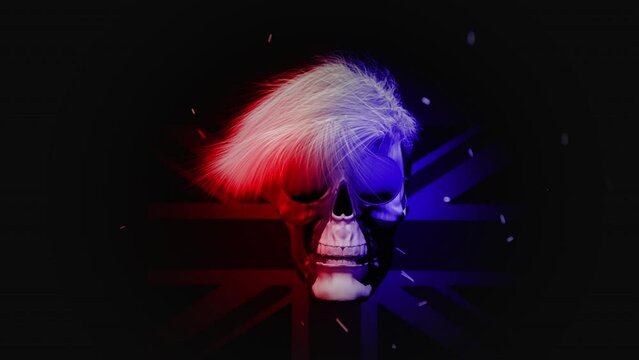 Animation of a skull with sun glasses with wispy blonde hair blowing in the wind with red and blue lighting and a UK flag in the background. Comes with the Alpha of the Skull and hair