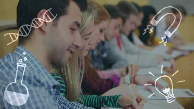 Animation of school icons over diverse students during exam