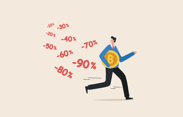 Bitcoin crash. The price of the crypto currency market has fallen heavily. Stock market volatility. Investment risk. economic crisis. Traders investors holding bitcoins run away from the bear market.