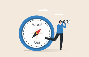Vision of the future. Look for the future ahead. Goals in life and work. .Look for business growth. Businessman holds telescope looking into future.